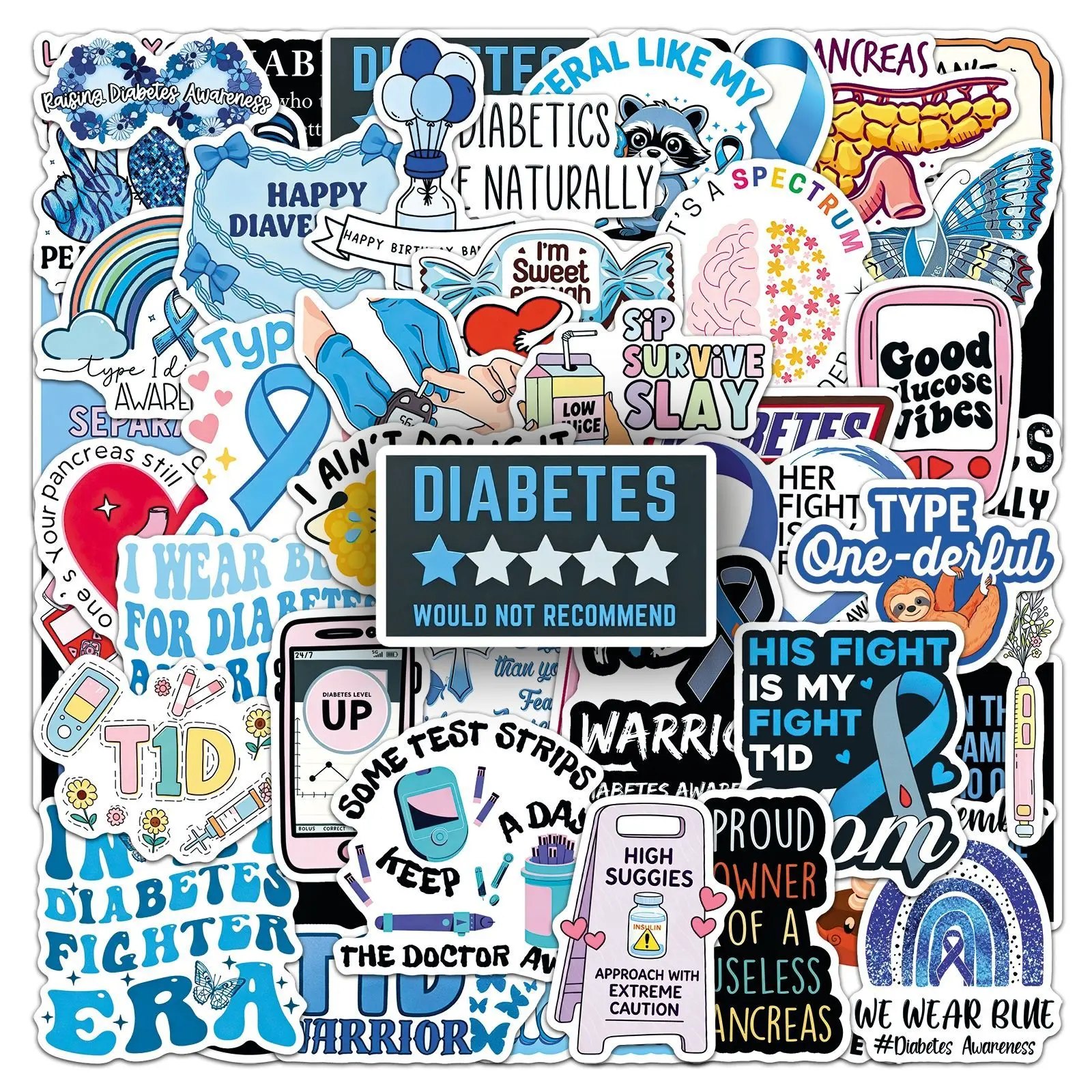 50 PCS Diabetes Awareness Positive Energy English Slogan Stickers Decorate Phone Case Fridge Helmet Bike Non Repeated Decals