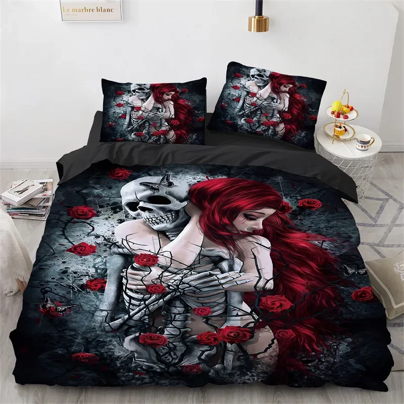 Skull Girl Day Dead Bride Dark Color Roses Bedding Set Boys Girls Twin Queen Size Duvet Cover Pillowcase Bed Kids Adult