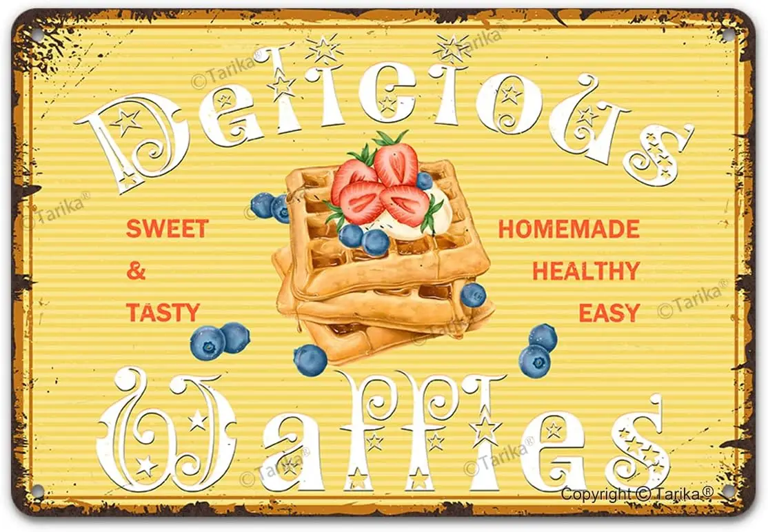 Vintage Waffles Tin Sign, Delicious Waffles Sweet & Tasty Homemade Healthy Easy Art Poster Painting Metal Plaque Wall Decor