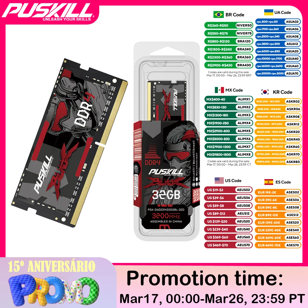 دفتر ملاحظات PUSKILL Ram memornotebook DDR4 DDR3L 16 جيجابايت 8 جيجابايت 4 جيجابايت 32 جيجابايت بذاكرة لاب توب