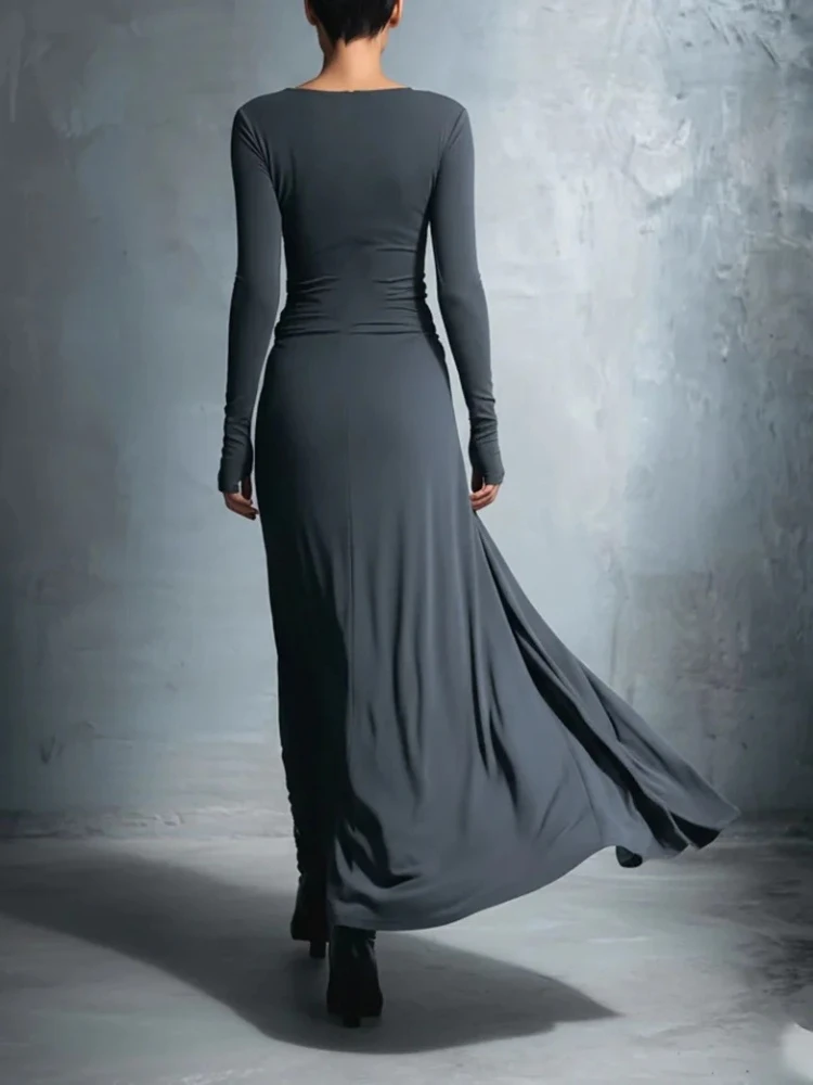 Vestido largo elegante de manga larga fruncido, vestido Sexy para mujer, moda de otoño, drapeado, ceñido al cuerpo, vestidos largos irregulares, ropa femenina