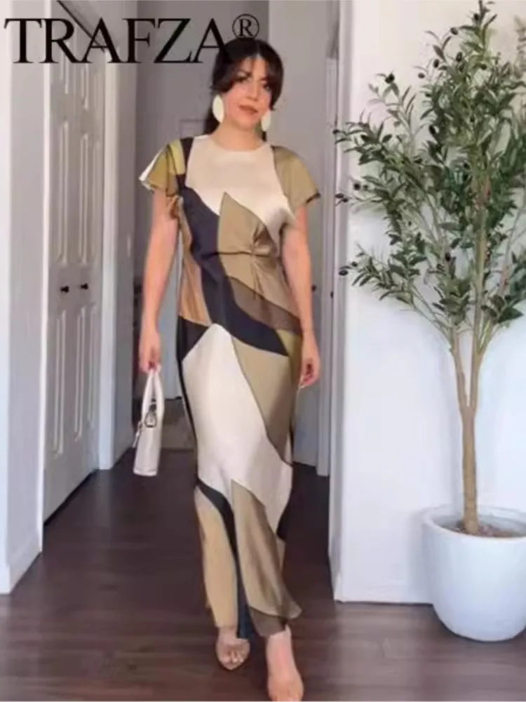 Fashion Print Long Dresses Woman 2025 New Summer Elegant Vintage Casual Satin Midi Dress O-neck Short Sleeve Party Evening Dress