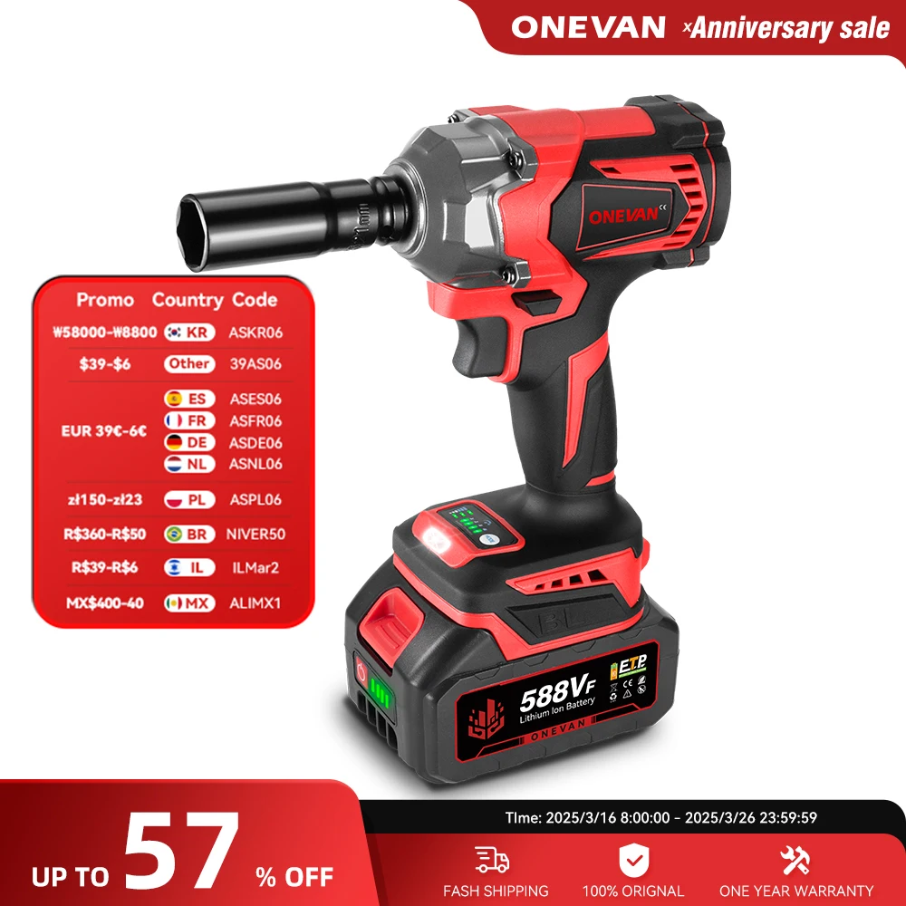 ONEVAN 1200N.M Torque Brushless Electric Impact Wrench 1/2 Inch Cordless Wrench Screwdriver Power Tools For Makita 18V Battery