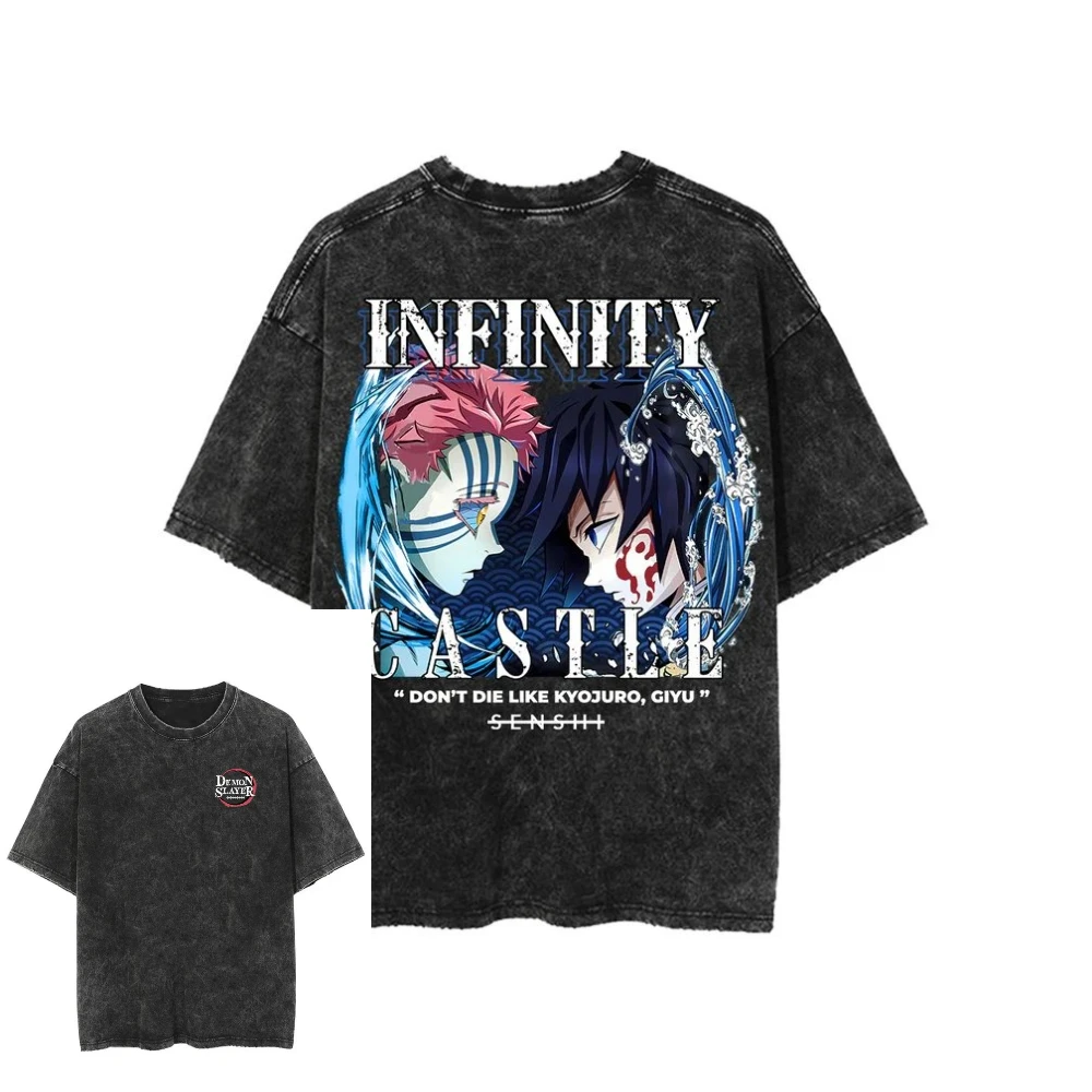 

2026 Hot Sale Demon Slayer Infinity Castle Giyu Akaza T Shirt Vintage Washed Oversized Cotton Graphic Tees Harajuku Streetwear