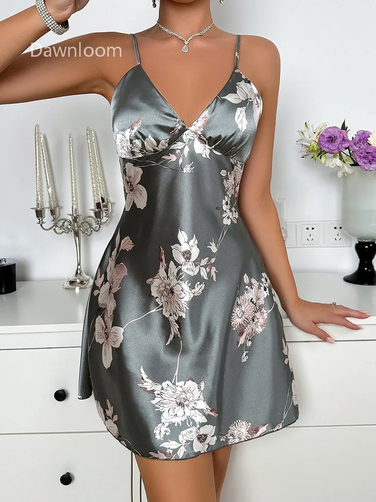 

Dawnloom Dark Gray Satin Floral Print Deep V Camisole Short Nightgown for Women Luxury Romantic Home Loungewear