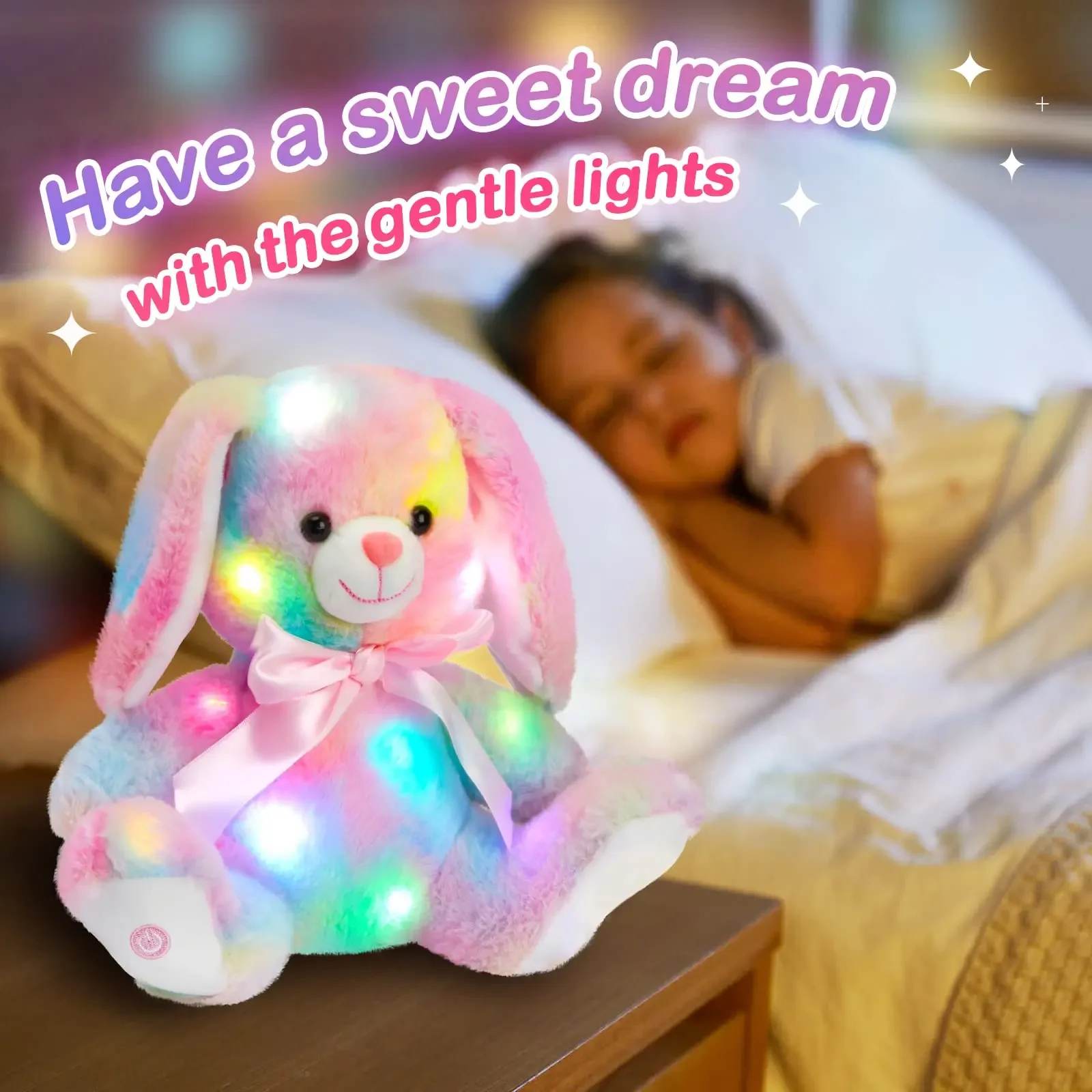 Pink Stuffed Rabbit Doll Toys Musical LED Light Plush Toys Rainbow Luminous Bunny Toy Doll Soft Animals Gift for Girls Easter