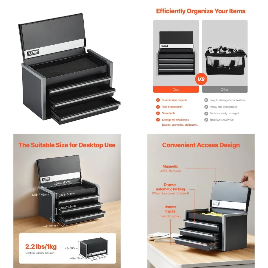 

Tool Box 8.6inch Portable Metal Tool Box with 3 Drawers Tool Organizer Black