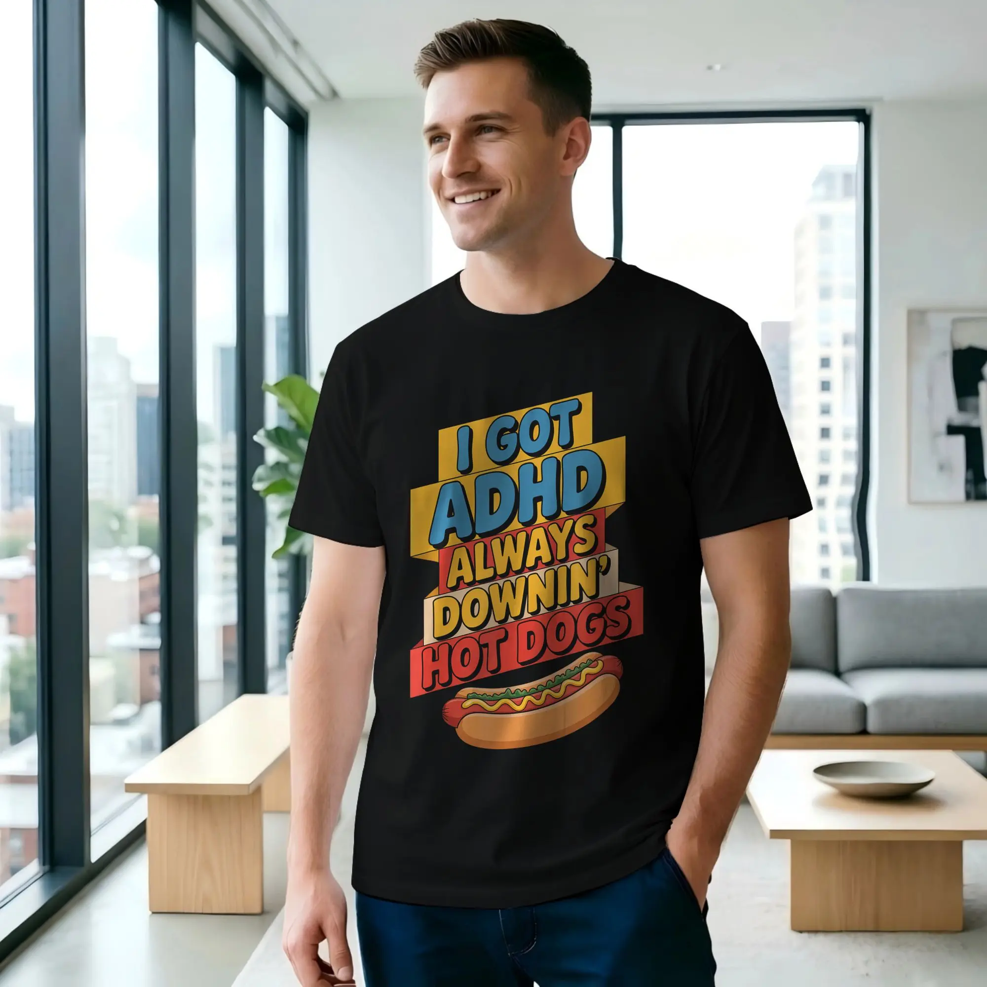 I Got ADHD Always Downin Men's T Shirts Hot Dogs Vintage Tee Shirt Short Sleeve Round Neck Cotton New Arrival Tops T-Shirt