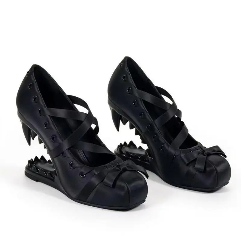 Women Satin Mary Jane Pumps Cross Ribbon Bow Shark Tooth Heel Gothic Y2K Weird Super High Heel Party Dress Footwear F62