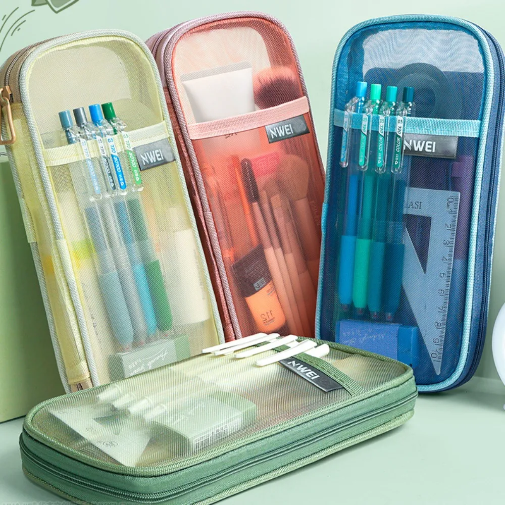 Mesh Mesh Zipper Pencil Bag Transparent Large Capacity Transparent Stationery Bag Thickened Portable Pen Bag