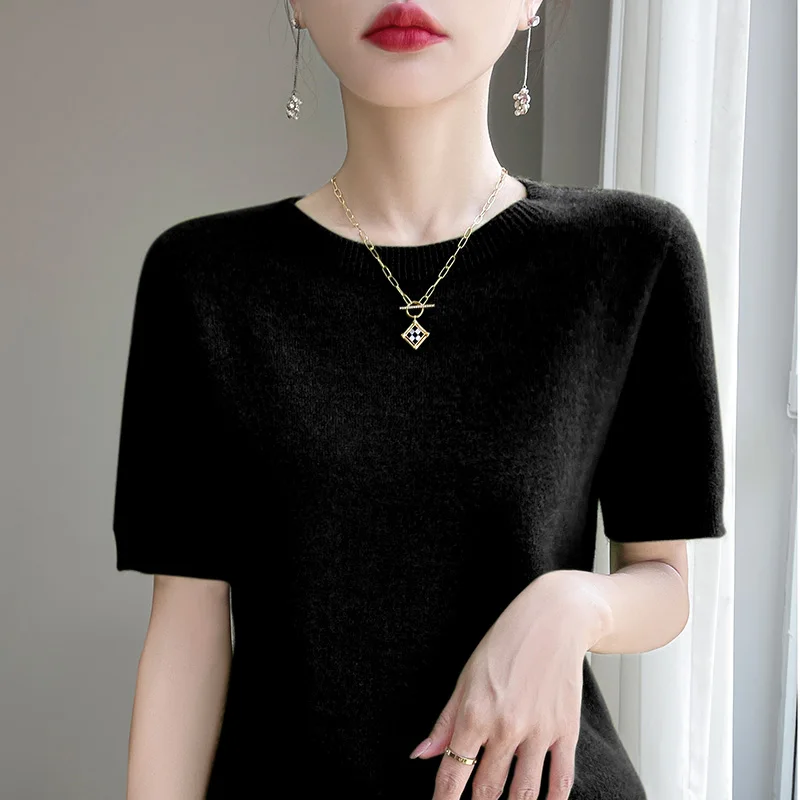 2025 Classic Seamless Cashmere Wool Pullover Fashion Short Sleeve Knitwear Sweater Round Neck Soft Warm Basic Clothing Tops