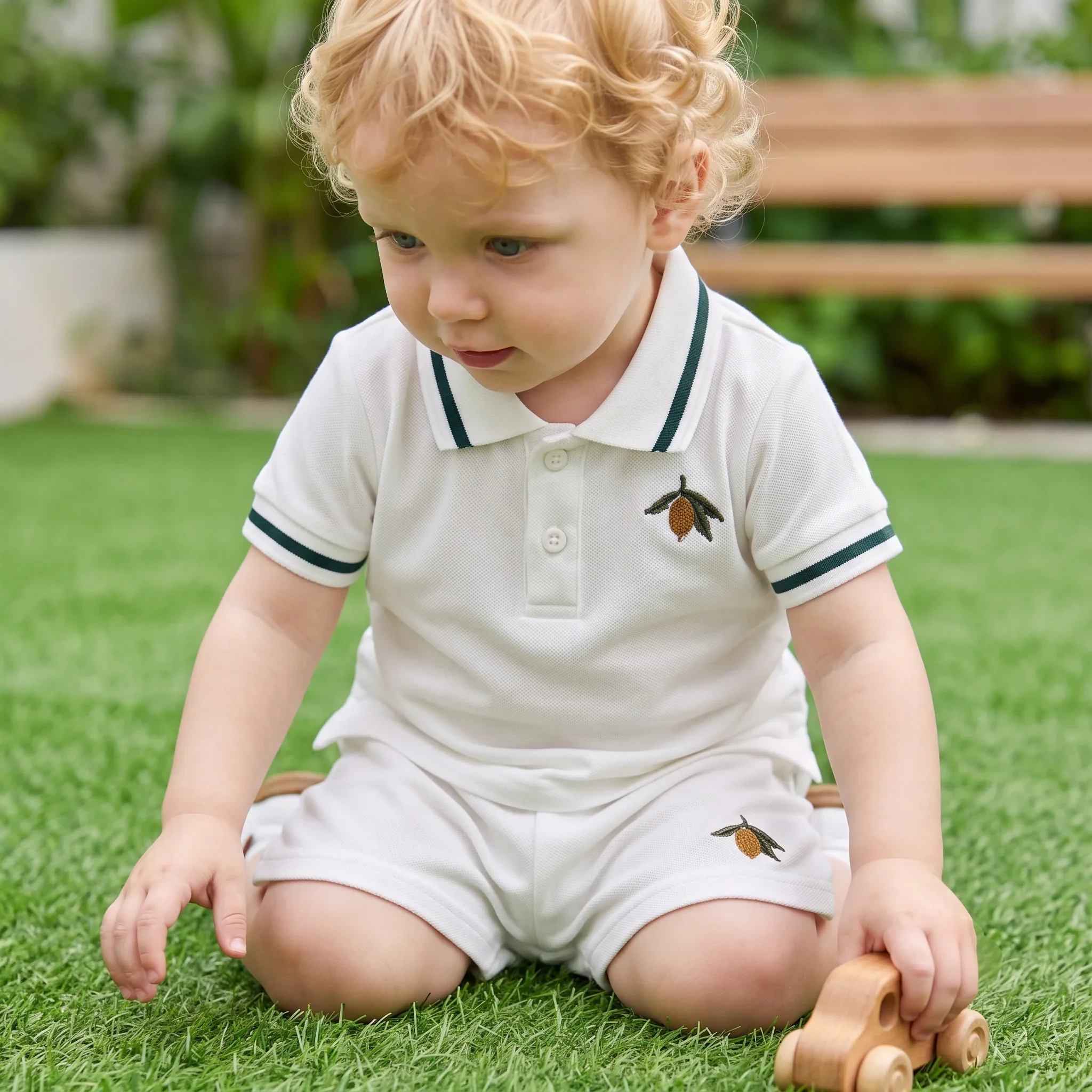 Summer Baby Boys Lapel Stripe Leisure Set Summer Cotton Breathable Fruit Embroidery T-shirt+ Shorts Set 2pcs Suitable for 0-3Y