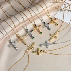 Shiny Luxury Zircon Cross Pendant Necklace for Women Men Stainless Steel Chain Trendy Jewelry Accessories Gift for Friends Lover