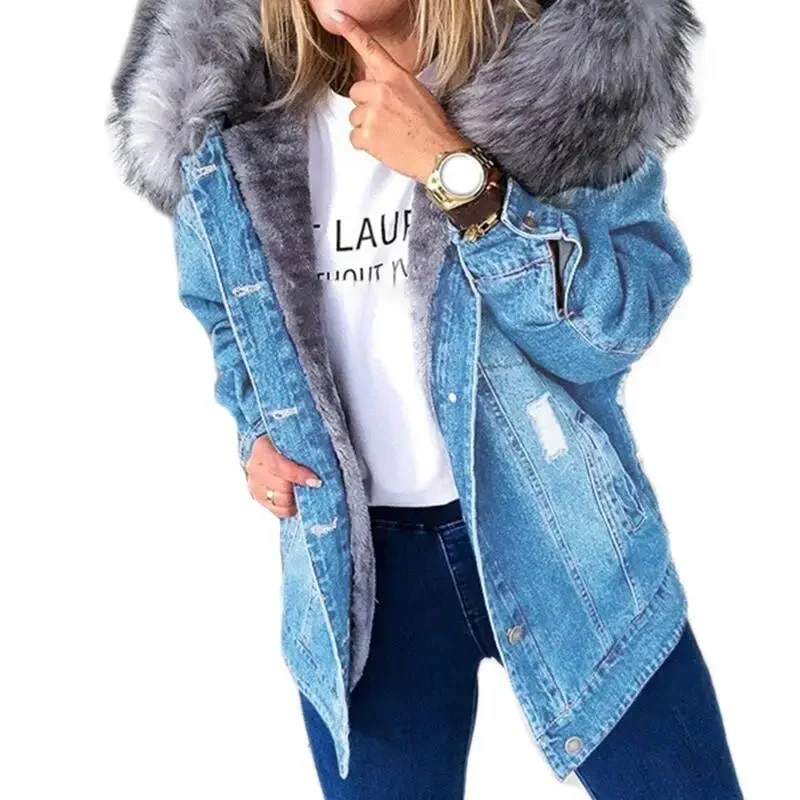 

Winter Fur Jacket Women Denim Coats Faux Hooded Jean Thick Long Sleeve Frayed Overcoat Outwear Vintage Cotton Female Coat