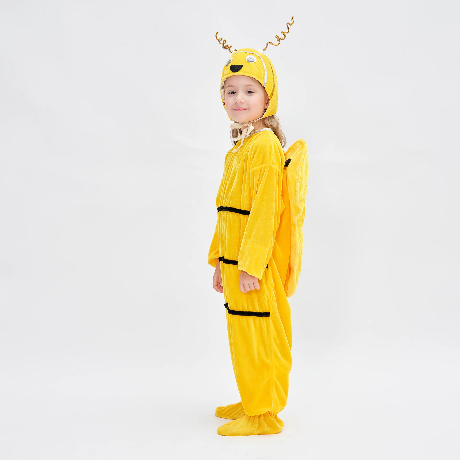 Kleine Bee Kids Cosplay Kostuums Voor Meisjes Jongens Nieuwe Schattige Gouden Fluwelen Jumpsuit Met Hoed Sets Feest Podium Voorstelling Kostuum