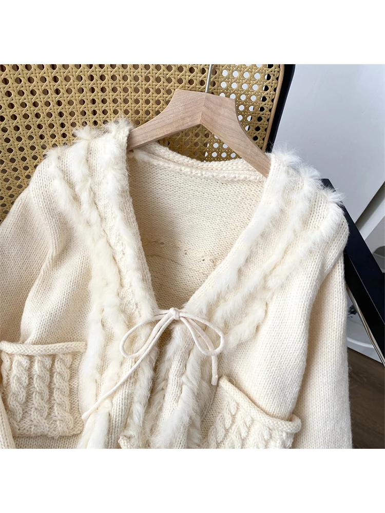 French Chic White Knitted Cardigan Mori Girl Oversized Sweater V-Neck Long Sleeve Korean Bohemian Tassels Raw Edge Streetwear