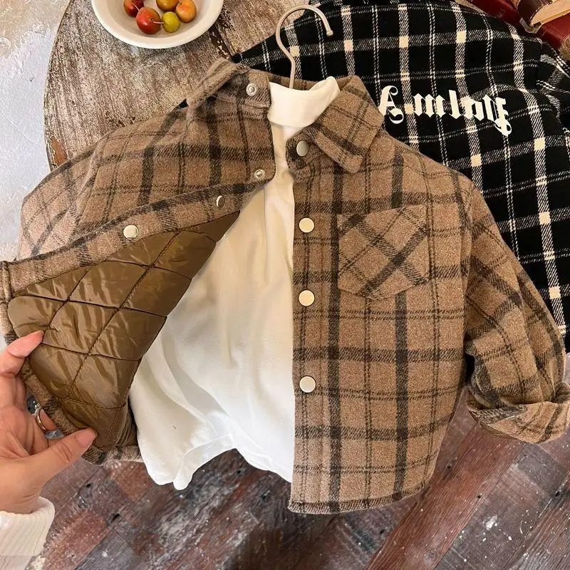 

Children's Jacket 2024 Autumn Winter New Boys Single-breasted soft Thick Cotton Baby Korean Style Grid Jacquard Tops shirt Coat