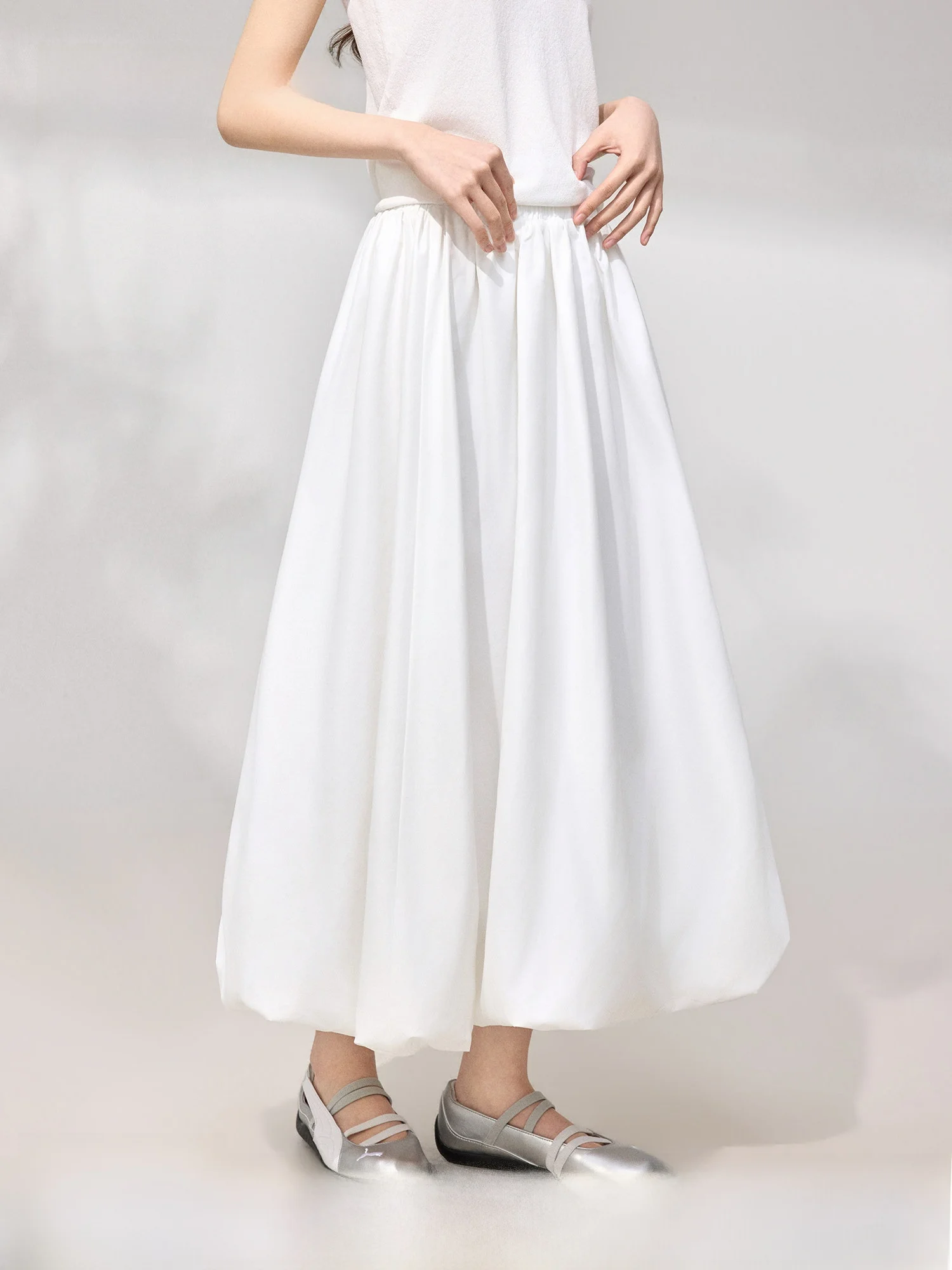 

White Puffy Flower Bud Skirt High Waist A-Line Long Women's Spring Design Sensation Ele Busin Casual Outdoor Skirt