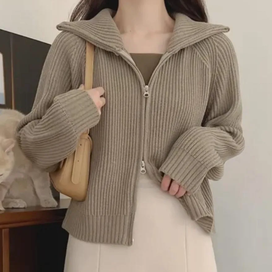 Elegancki, luźny, uniwersalny kardigan z dzianiny na jesień i zimę, z podwójnym zamkiem błyskawicznym, swobodny, uniwersalny, cienki, dzianinowy, otwarty kardigan damski, modny, prosty...