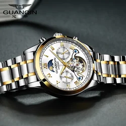 GUANQIN Tourbillon Mechanical Luxury Men's watches Sapphire Luminous Watch Stainless steel Waterproof Moon Phase watch for men