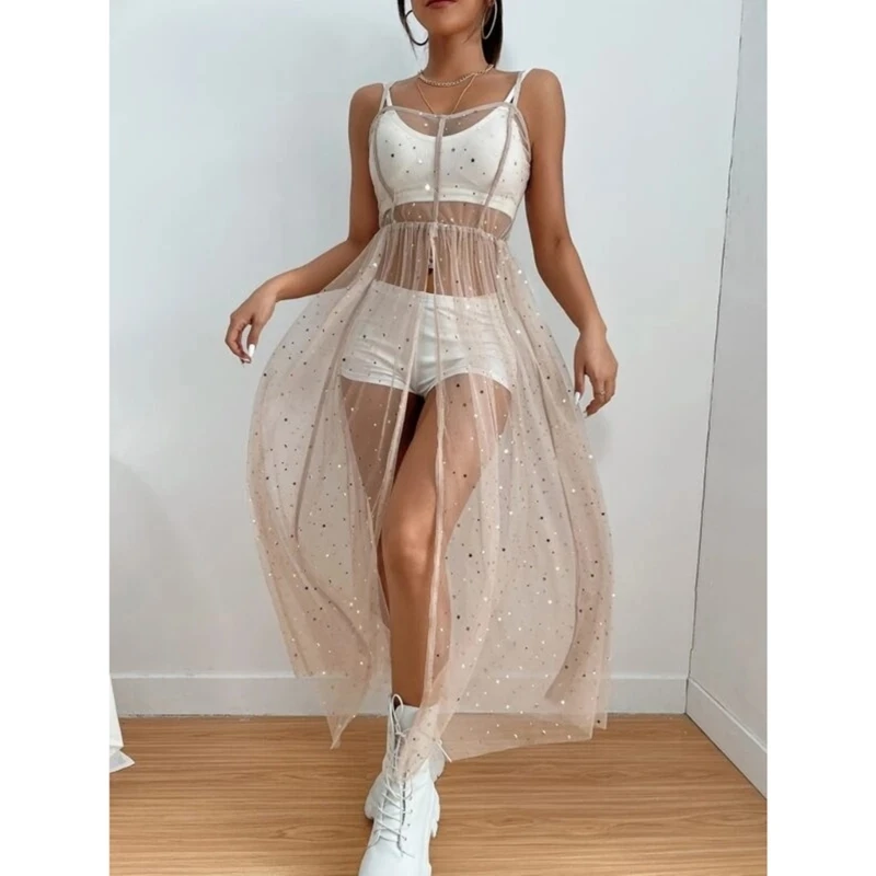 Vestido largo plisado para cubrir traje baño malla transparente con lentejuelas estrella sin mangas para mujer