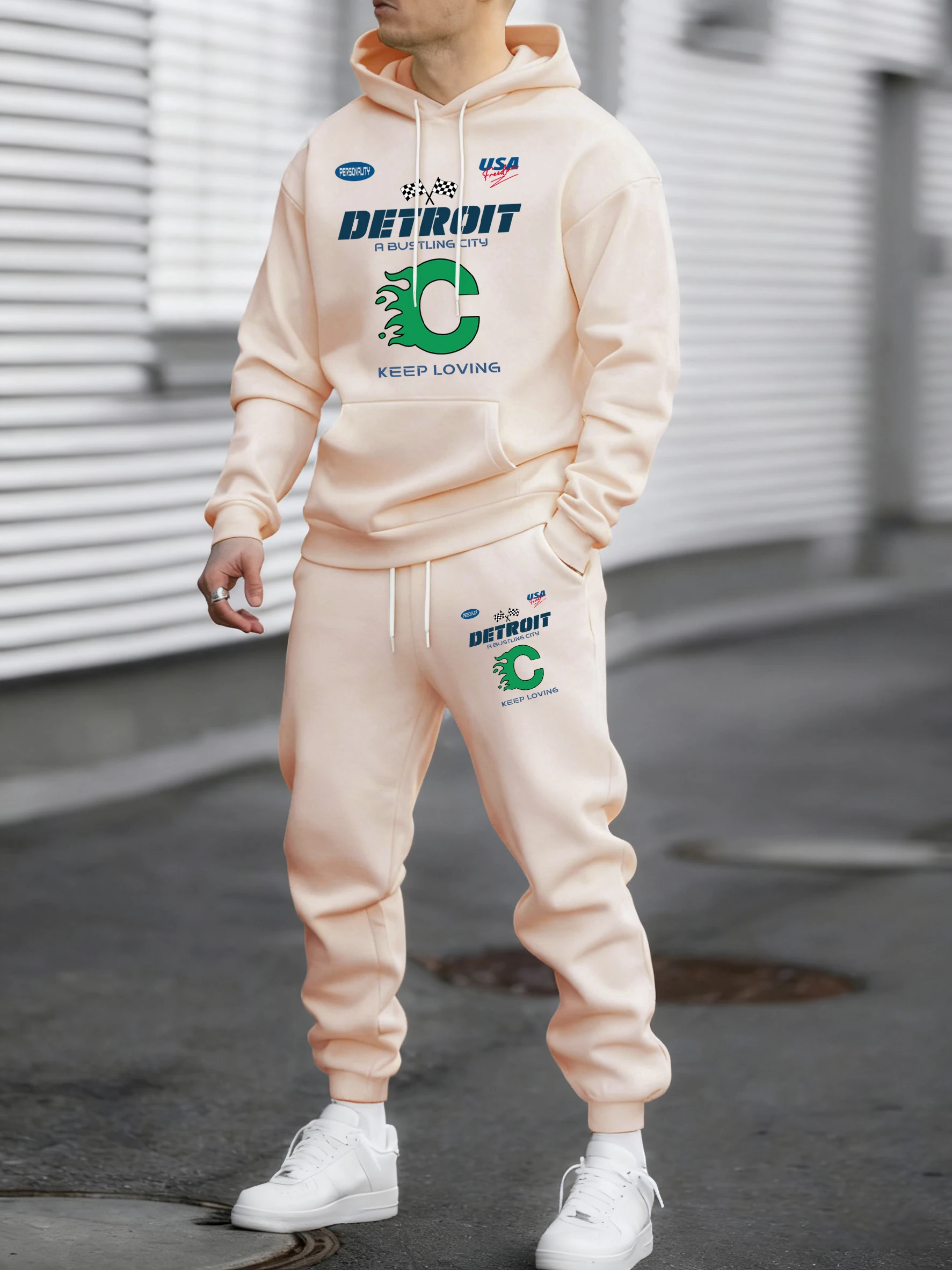 

Detroit Usa Sport Pattern Print Sportsuit Men Street Autumn Pullover Vintage Loose Sportswear Pants Unisex Fleece Clothing
