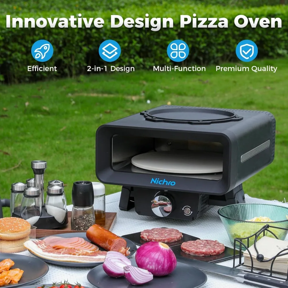 2-in-1 Gas Pizza Oven with Frying & Baking Functions - 12 Inch, Outdoor Oven with Auto-Rotating Stone and Frying Pan