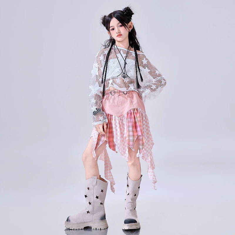2023 sommer Mädchen Jazz Dance Kleidung Cheerleader Dance Show Kostüm Weiße Spitze Tops Rosa Unregelmäßigen Rock Kpop Straße Tragen BL 15775