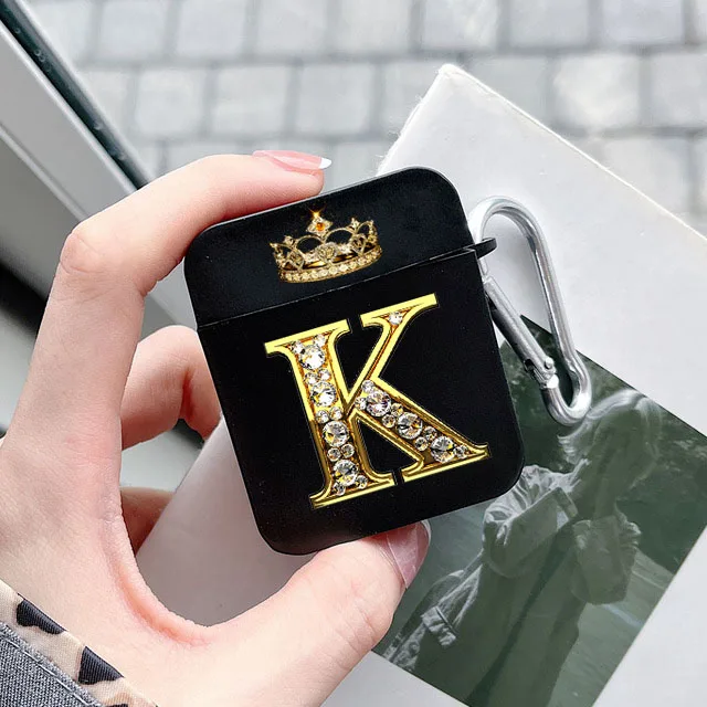 Diamond Crown Letter Airpods Case for AirPods Pro2 3 2 1 Pro Black Wireless Bluetooth Earphone Box Cute A-z Cover