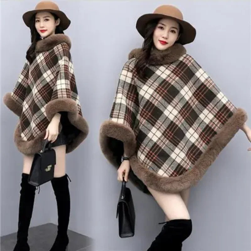 

Sleeveless Bat Shirt Plaid Cloak Shawl Women's Pullover Fur Collar Ring Warm Cloak Jacket