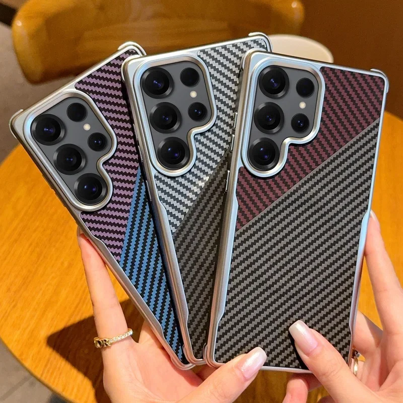 

S25 Ultra Auto Leather Phone Case for Samsung Galaxy S25 Plus Carbon Fiber Two-color Spliced Magnetic Wireless Charging Cover