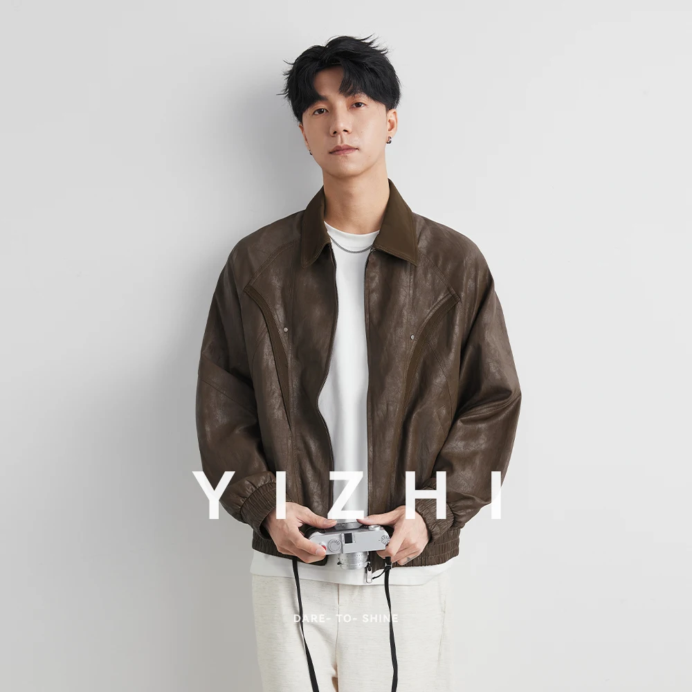 2025 Spring New Men's Cool Handsome Retro Distressed Brown Pu Leather jacket Men Zipper Luxury Designer American Vintage Clothes - Image 4