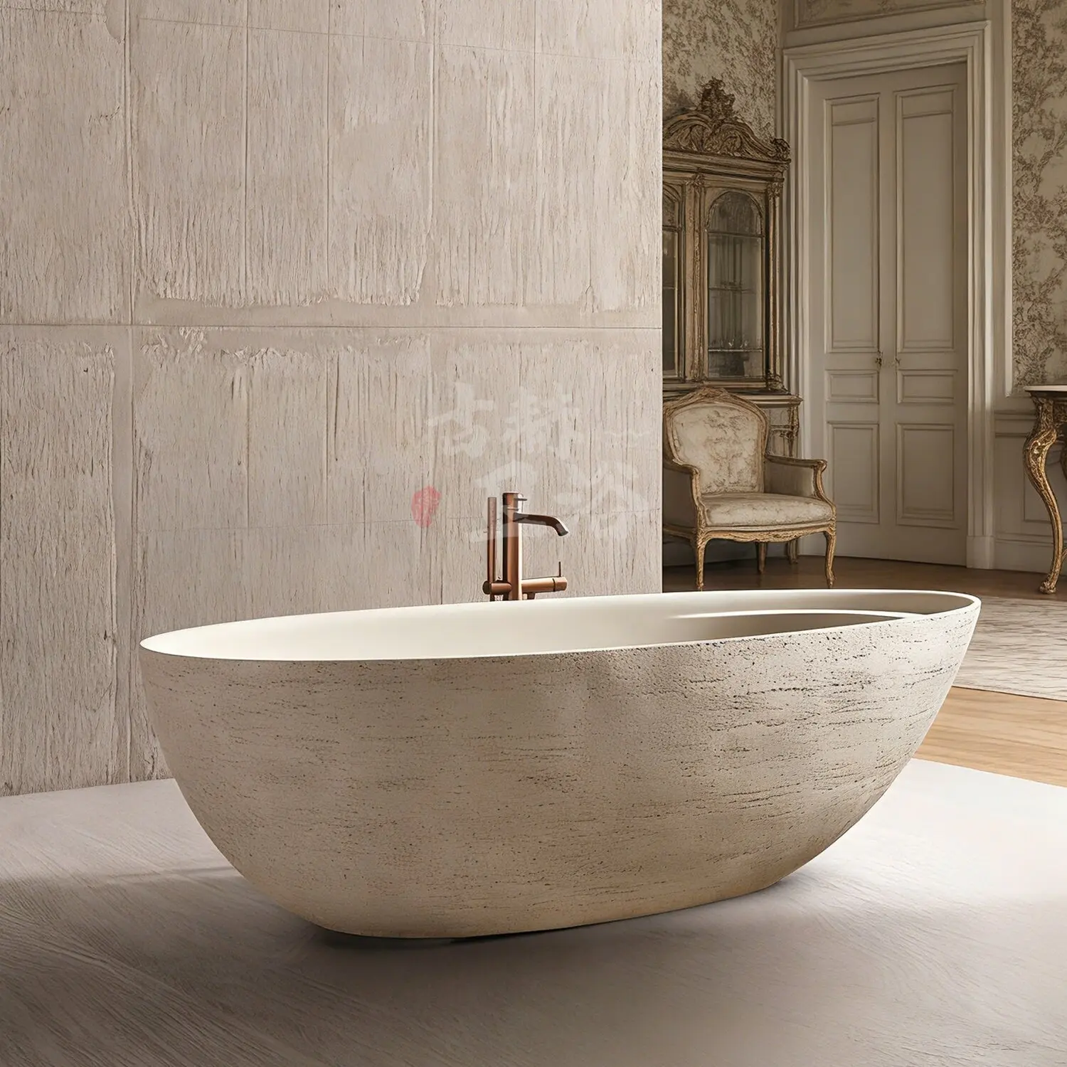 French retro beige natural Roman travertine marble detached villa outdoor bathtub bathtub
