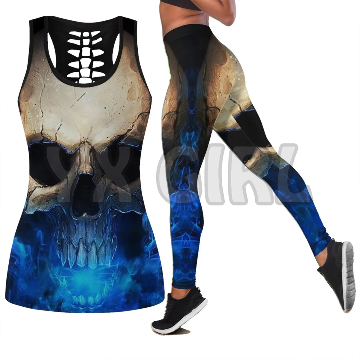 Crazy Skull  3D Printed Tank Top+Legging Combo Outfit Yoga Fitness Legging Women