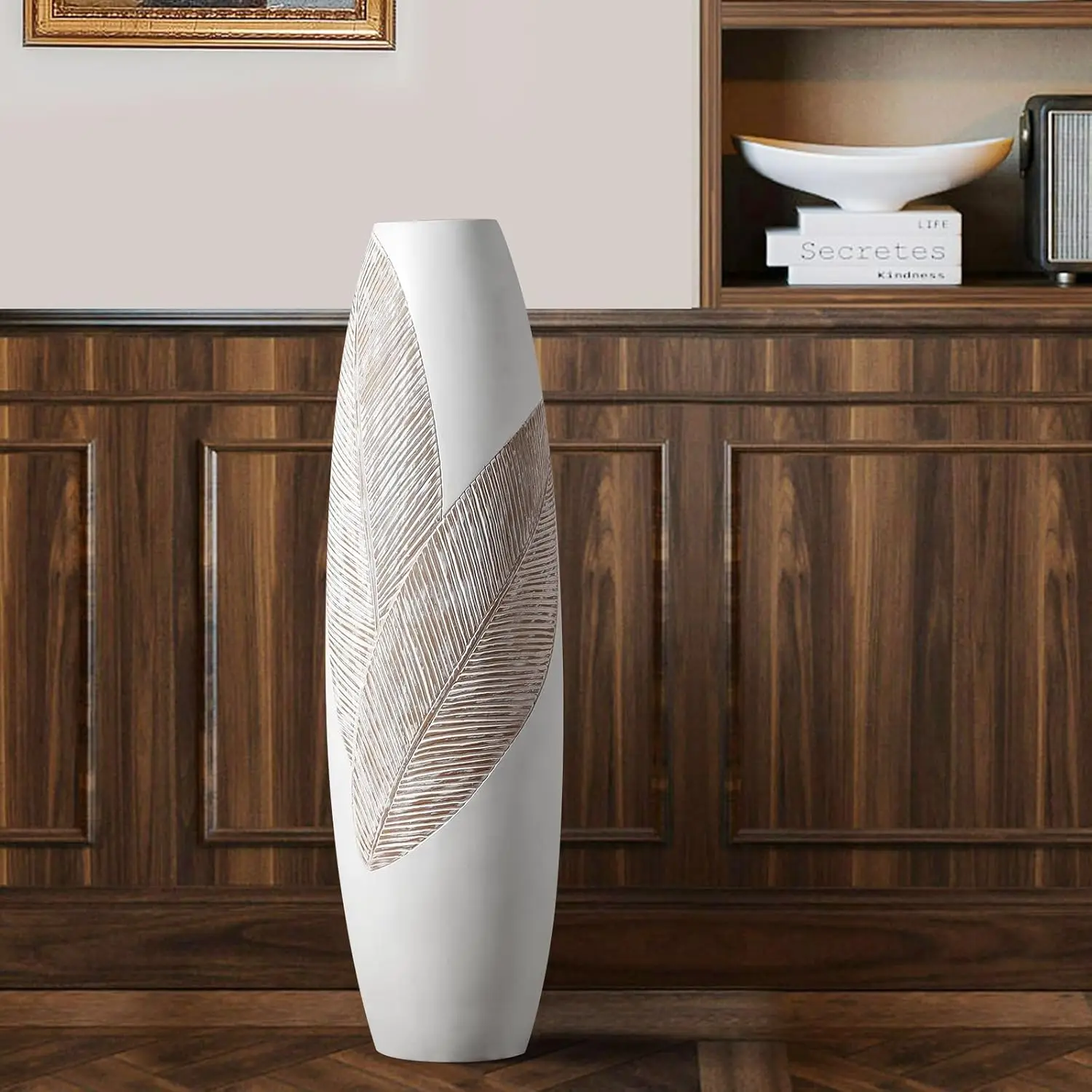 Floor Vase White Home Decor Flower Vases 30.7 Inch Tall Resin Vase Tree Leaf Texture Decor Vases