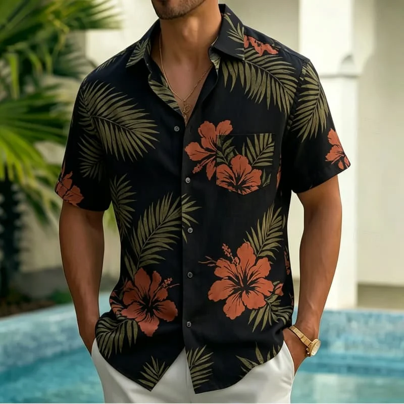 

Men's Tropical Plant Floral Silhouette Printed Short Sleeved Shirt With pockets, Suitable For Pool Parties And Summer Leisure