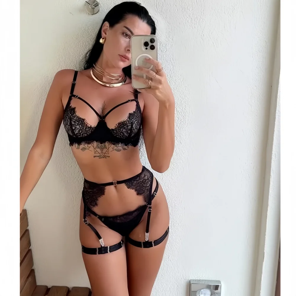 

Sexy Black Lace Sheer Lingerie Four Piece Sets Fancy Hollow Out See Through Bras And Thongs Garters Suits Sensual Exotic Sets