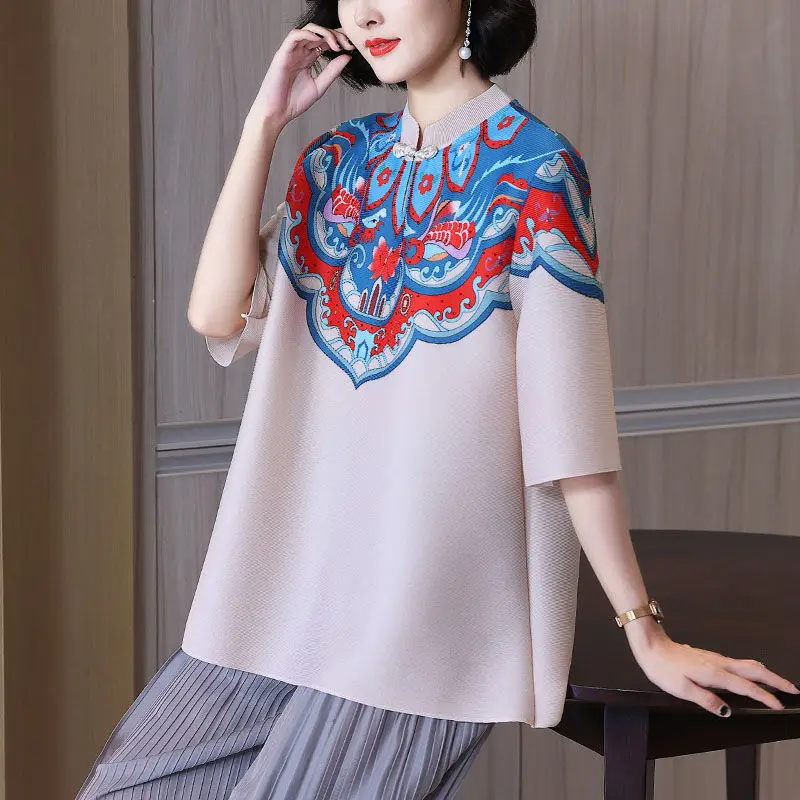 

Retro printed half sleeved pleated top, fashionable new summer versatile, westernized, age reducing loose fitting T-shirt