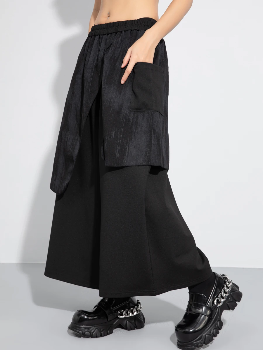 

Весенние новые модные брюки-юбка больших размеров с эластичным поясом, женские, темная серия, имитация двух частей, широкие брюки, брюки-кюлоты, брюки 7/8.