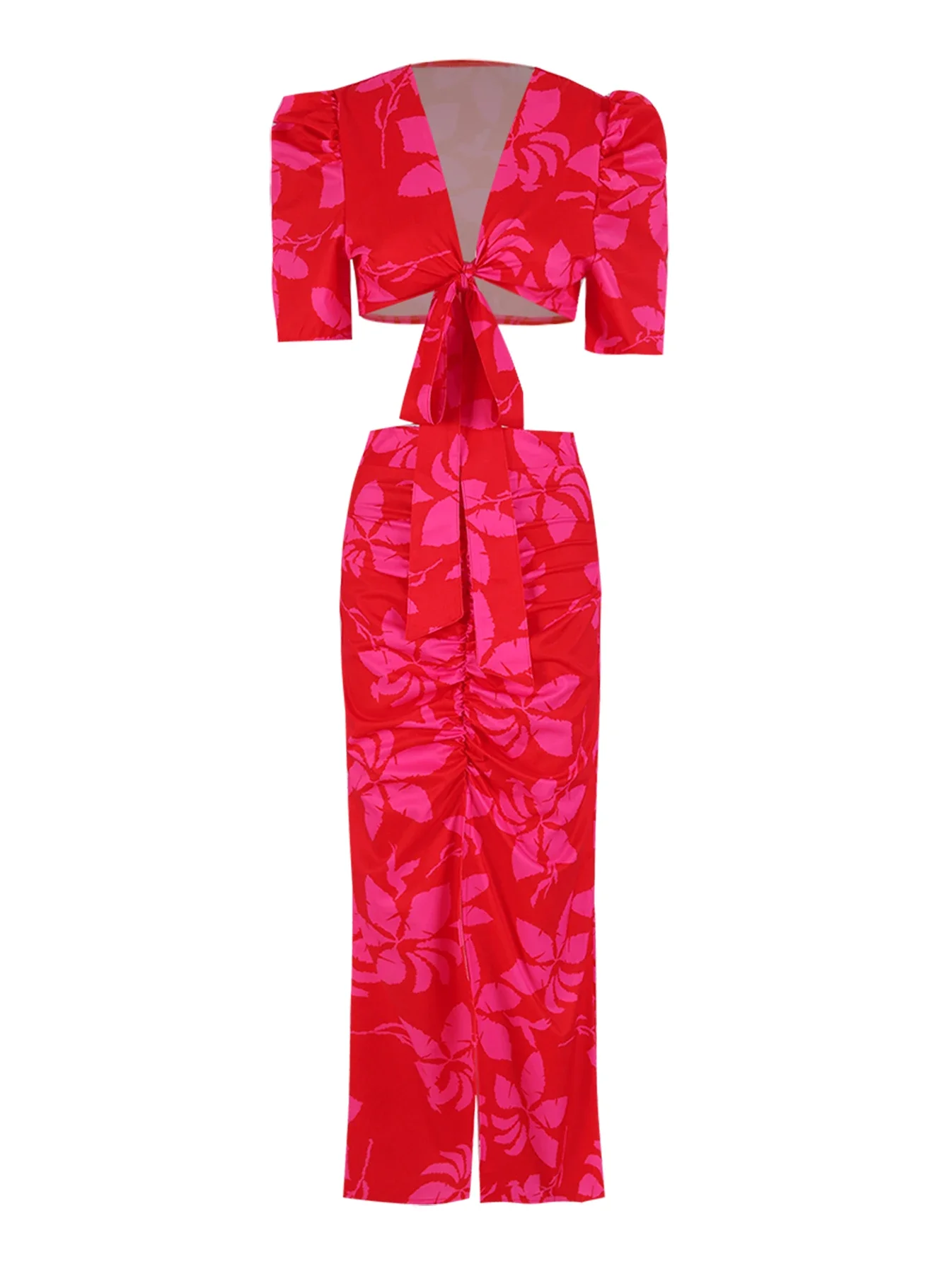 Langes Kleid mit V-Ausschnitt und Print für Damen, ausgeschnitten, elegantes, kurzärmliges Neckholder-Maxikleid, Sommer, figurbetont, Abendparty-Kleidung