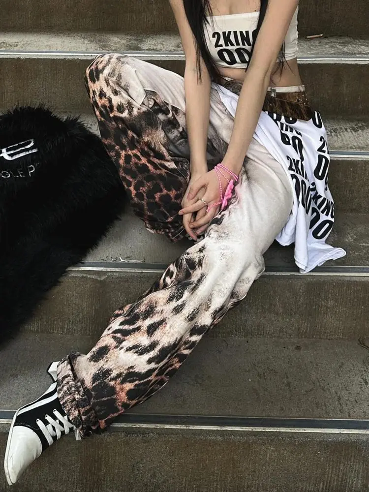 

Vintage Leopard Print High Waited Jeans Woman Street Hip Hop Old Women Jeans Casual WideLeg Baggy Jeans Women Clothing Y2k Pants