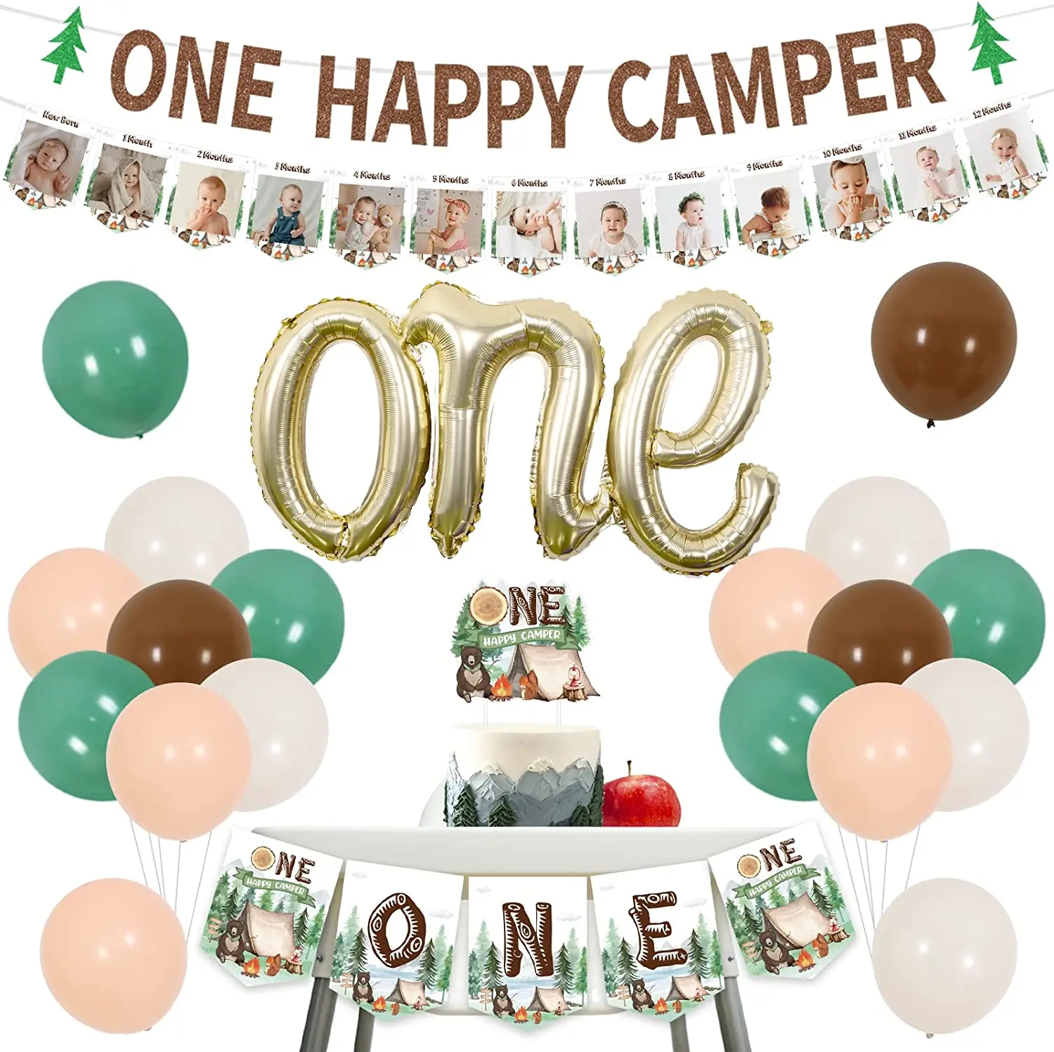 

One Happy Camper Birthday Decorations for Boys, Camping Theme, Wild One Balloons, Photo Banner, High Chair Banner, 1st Birthday