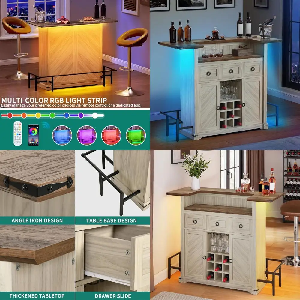 

Барная стойка для дома с LED-подсветкой, держателем для стаканов и местом для хранения вина, мини-бар для гостиной в белом цвете и под орех