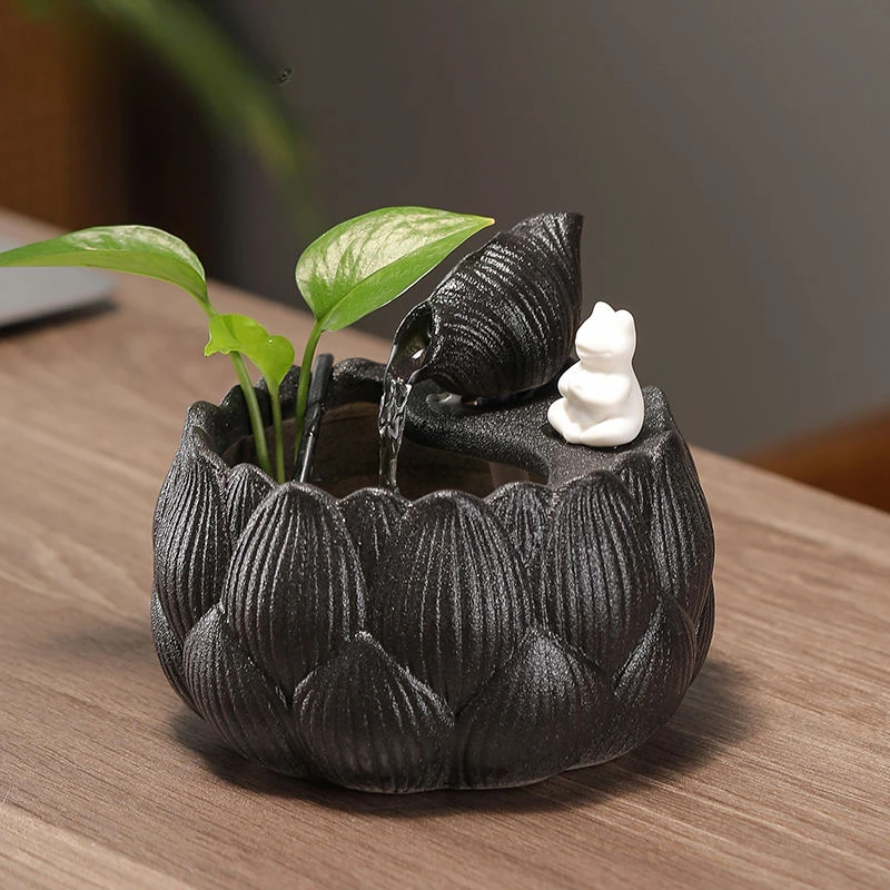Office Ceramic Fountain Meditation Calming Waterfall Hydroponic Vase Fish Tank Feng Shui Water Feature Home Decor Powered - view 3