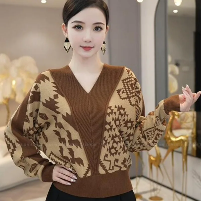 Women\'s Stylish Vintage Elegant Patchwork Knitted Sweater Autumn Winter Ladies V Neck Long Sleeve Pullovers Casual Loose Jumper