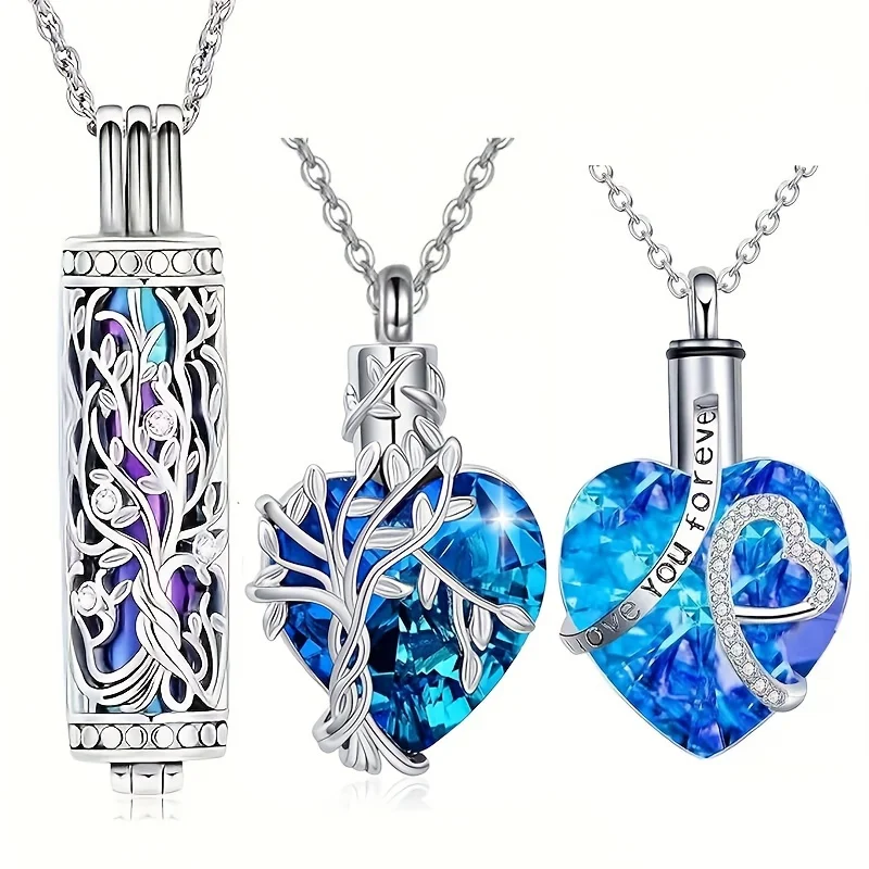 

3pcs Cremation Urn Necklace For Ashes Tree Of Life Cylinder Cremation Jewelry Heart Urn Necklaces for Ashes Memorial Gifts