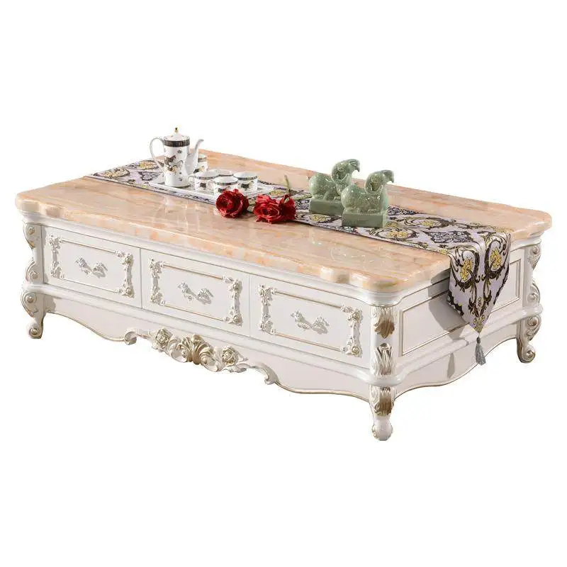 European marble coffee table, ivory white TV cabinet combination solid wood, oak carved high-end living room, American tea table