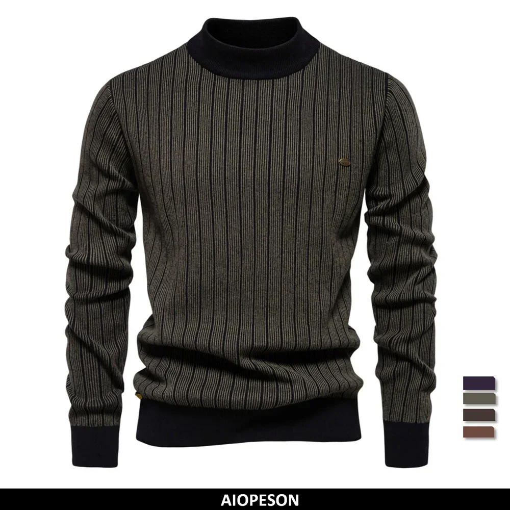 

2024New Design Mens Mock Neck Cotton Pullover Sweaters Autumn Winter Warm Stripped Sweater for Men harajuku knit