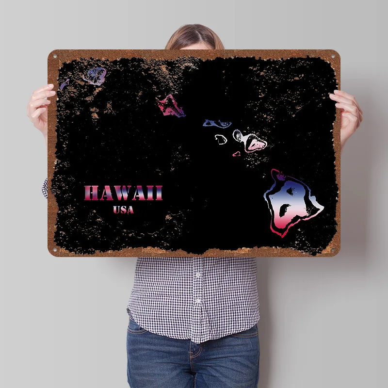 Hawaii USA Topographic Printed Poster Customized Wall Art Retro Vintage Metal Tin Signs for Room Man Cave Aesthetic Decoration