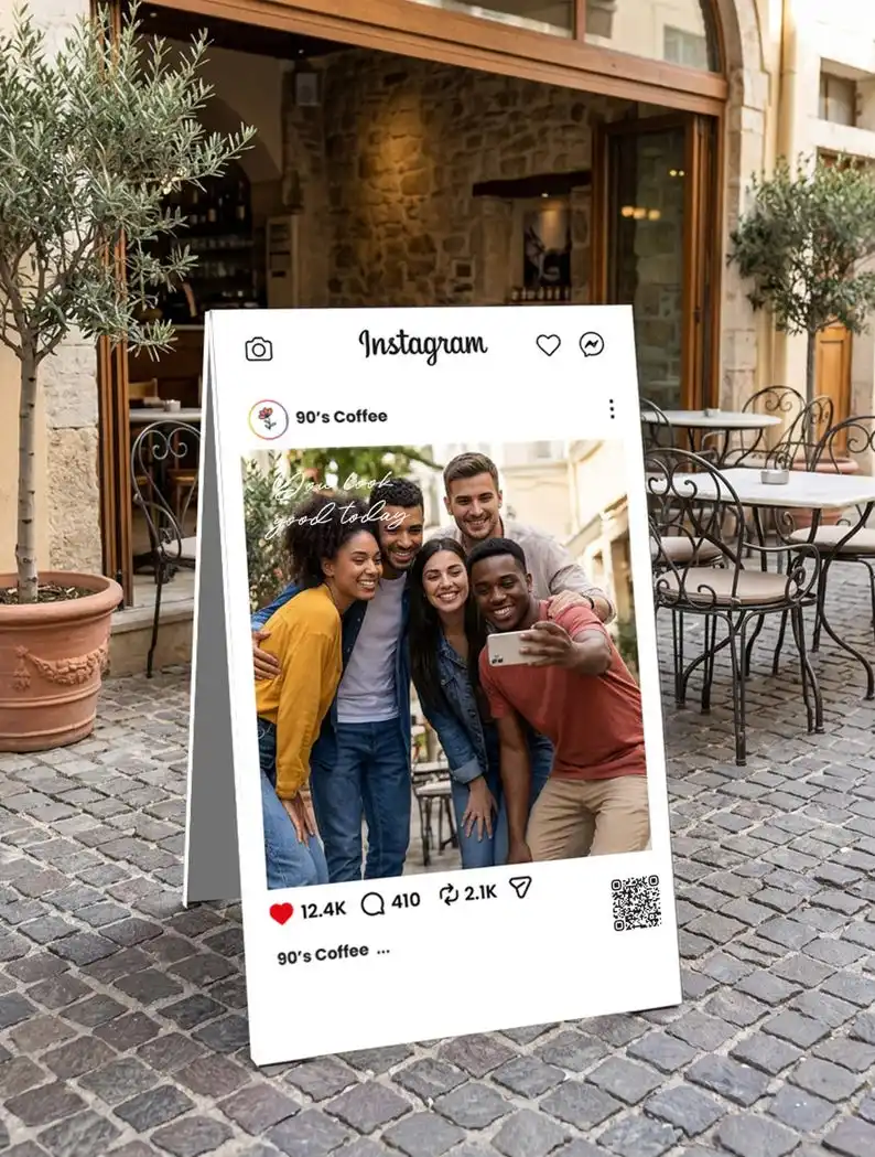 `Custom Instagram Selfie Frame QR Code A‑Frame Mirror Metal Photo Booth Sign for Salon Cafe Clinic Business Party Event Decor